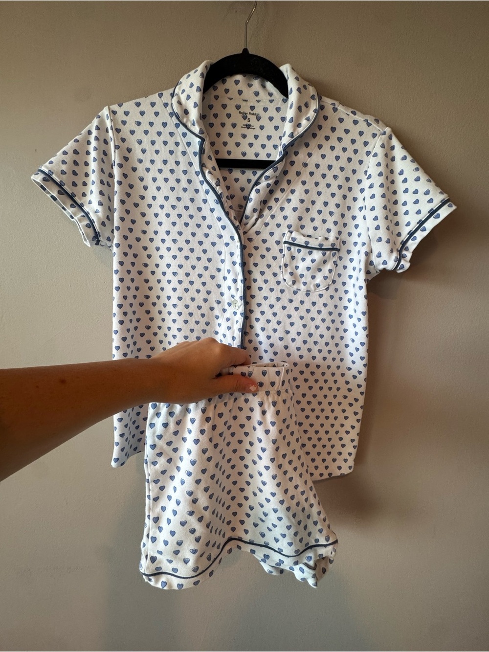 Roller Rabbit Women’s Blue Heart Print 2 Piece Shorts Cotton Pajama Set Small